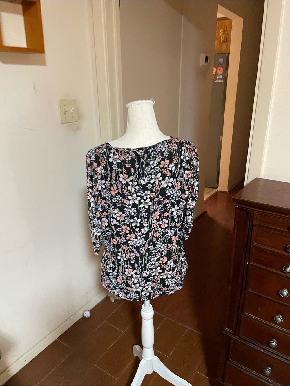 Tommy Hilfiger floral blouse scoop neck floral black pink quarter sleeve mesh XL - Picture 7 of 13